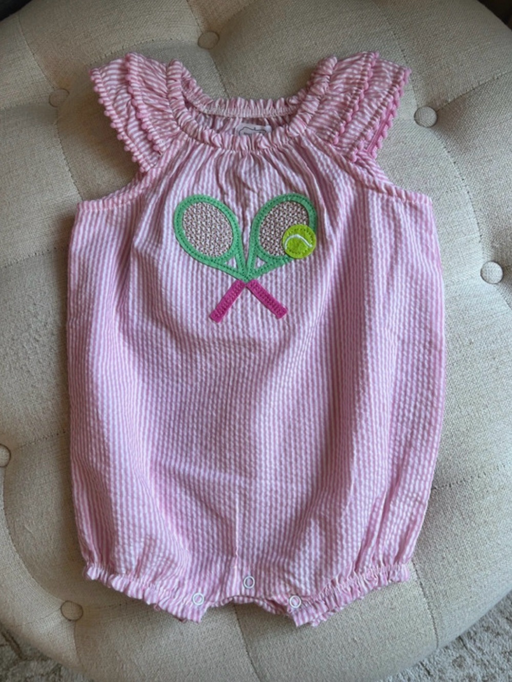Mud Pie Seersucker Tennis Baby Romper Pink White Striped 9-12 months